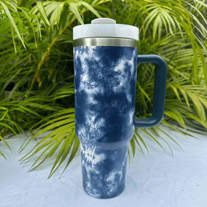 Stylish Blue Tie Dye Flask with a vibrant design, ideal for on-the-go hydration