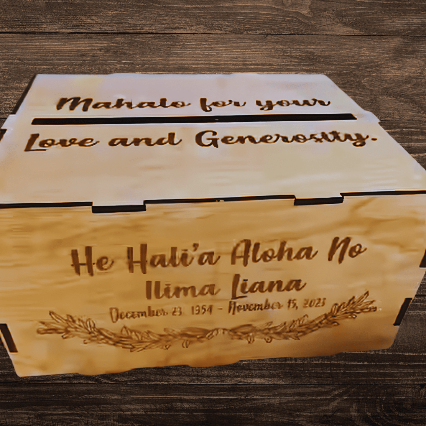 Lasercut custom wood box with precise detailing, perfect for storing keepsakes, jewelry, and small treasures, featuring a sleek design and customizable engraving options.