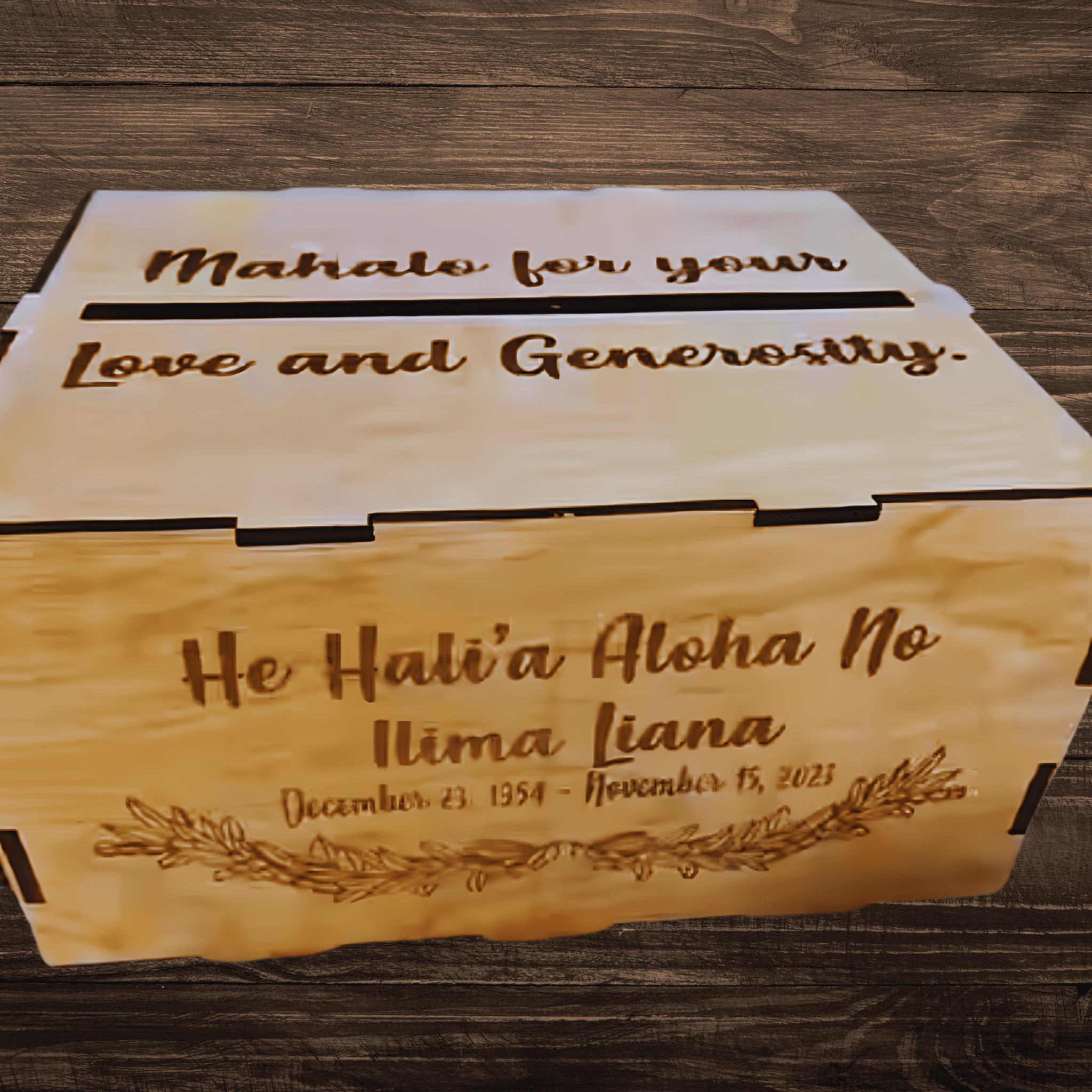 Lasercut custom wood box with precise detailing, perfect for storing keepsakes, jewelry, and small treasures, featuring a sleek design and customizable engraving options.