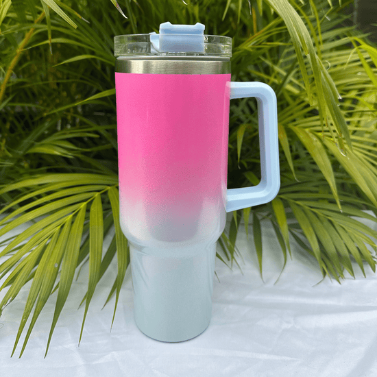 Pink and blue glitter flask with a sparkling, eye-catching finish, perfect for carrying beverages in style, featuring a secure screw cap and durable construction.